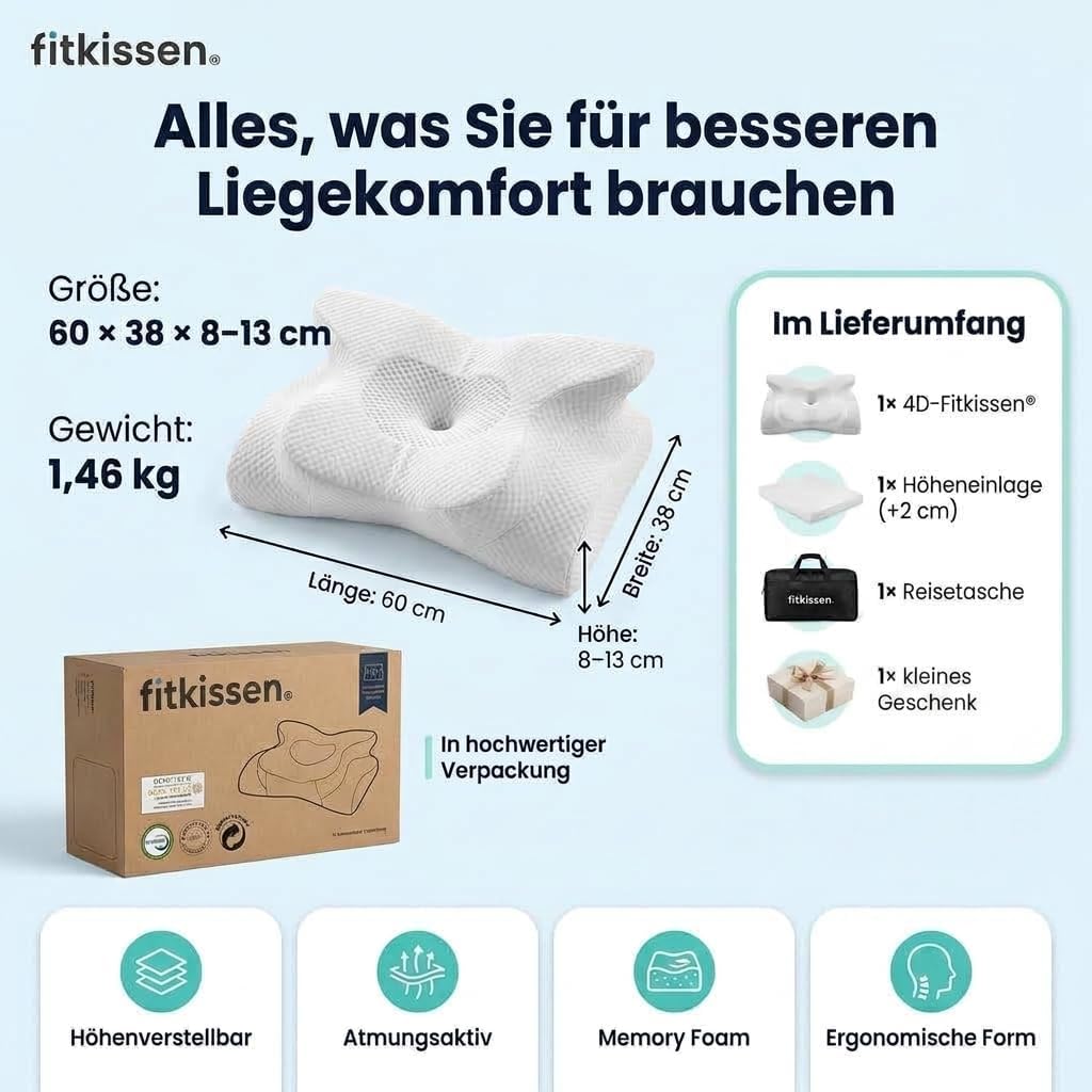 Orthopädisches 4D Kopfkissen - Nackenkissen gegen Nackenschmerzen | Anti Schnarch Memory Foam Nackenstützkissen Rücken-, Bauch- & Seitenschläferkissen Deutsche Entwicklung, Höhenverstellbar