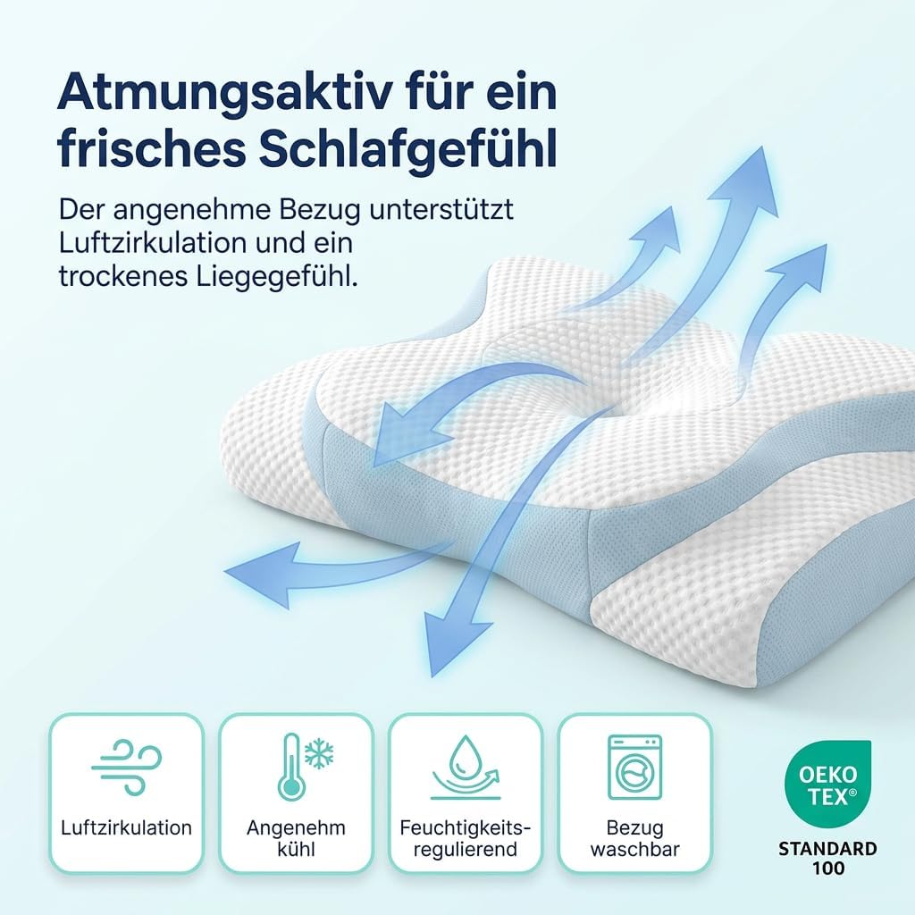 Orthopädisches 4D Kopfkissen - Nackenkissen gegen Nackenschmerzen | Anti Schnarch Memory Foam Nackenstützkissen Rücken-, Bauch- & Seitenschläferkissen Deutsche Entwicklung, Höhenverstellbar