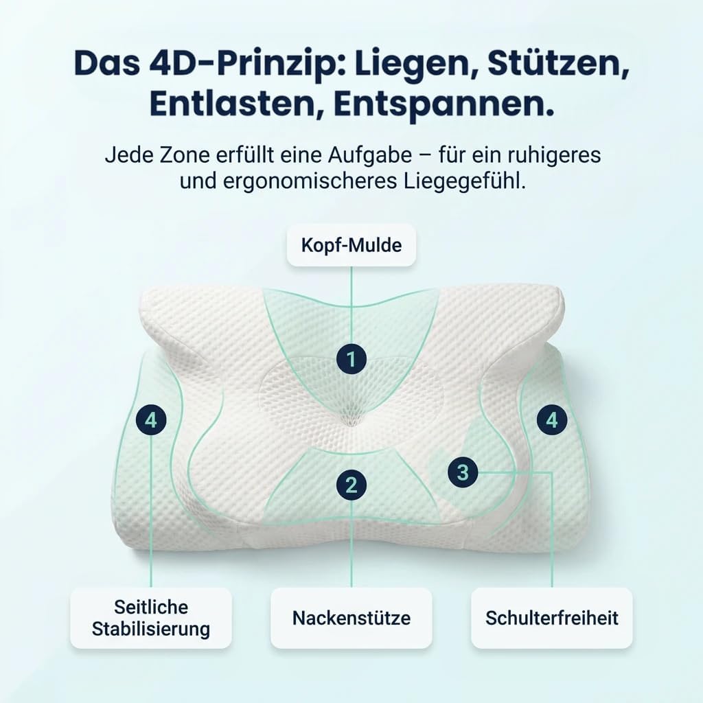 Orthopädisches 4D Kopfkissen - Nackenkissen gegen Nackenschmerzen | Anti Schnarch Memory Foam Nackenstützkissen Rücken-, Bauch- & Seitenschläferkissen Deutsche Entwicklung, Höhenverstellbar