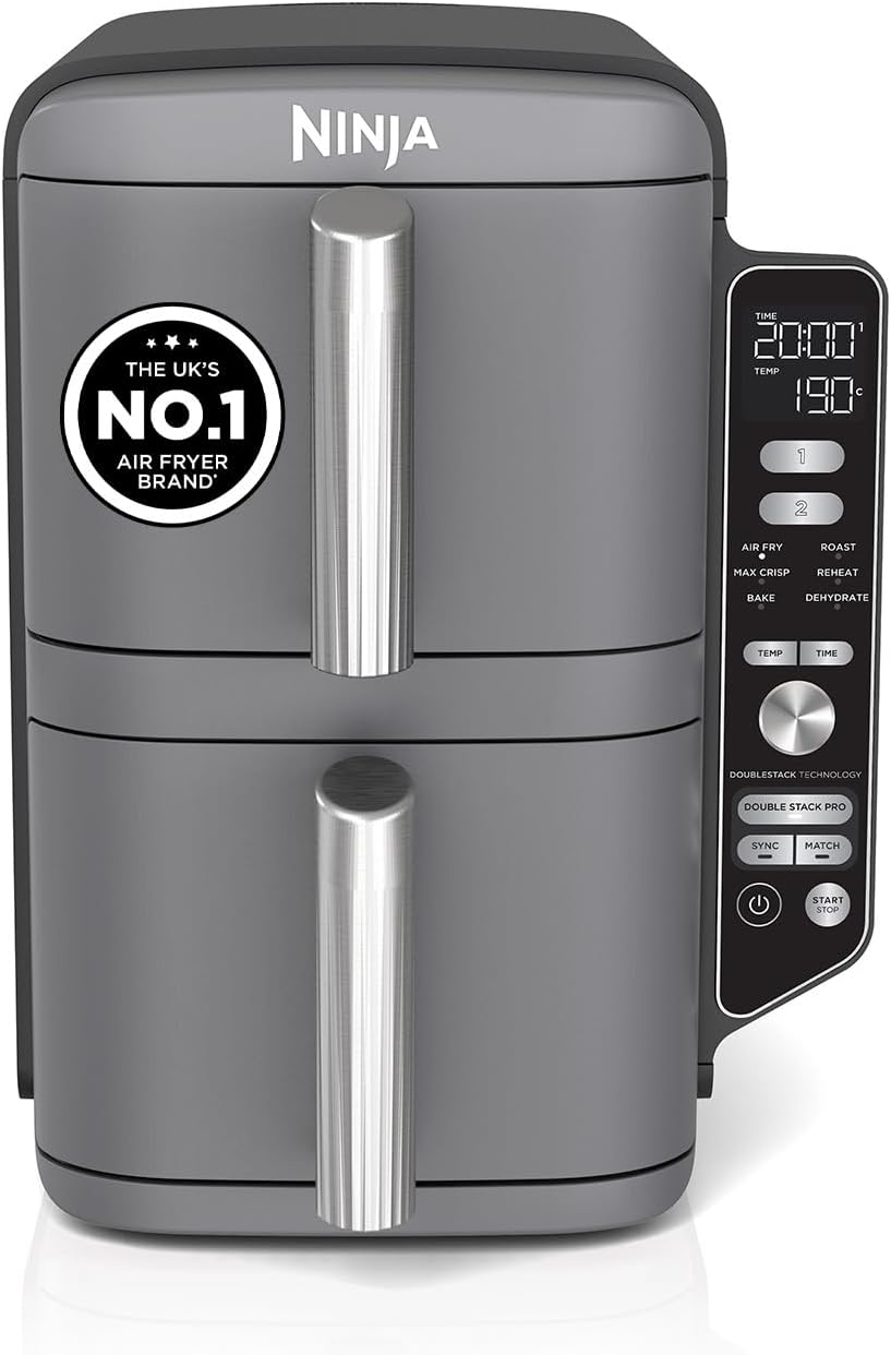 Doppelstock-XL-Heißluftfritteuse 9,5L 2470W Vertikale Doppelschublade Grau