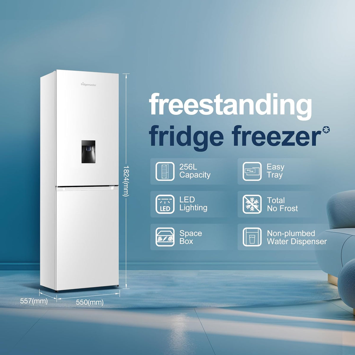 Freistehende Kühl-Gefrierkombination 256L No Frost Wasserspender Weiß