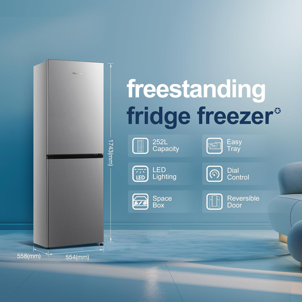 Freistehende Kühl-Gefrierkombination 252L 50/50 No Frost LED Silber