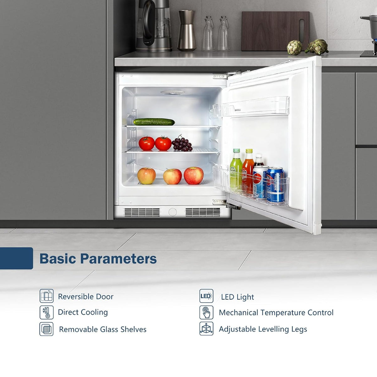 Einbau-Unterbaukühlschrank 110L LED-Licht Wechselbarer Türanschlag Weiß