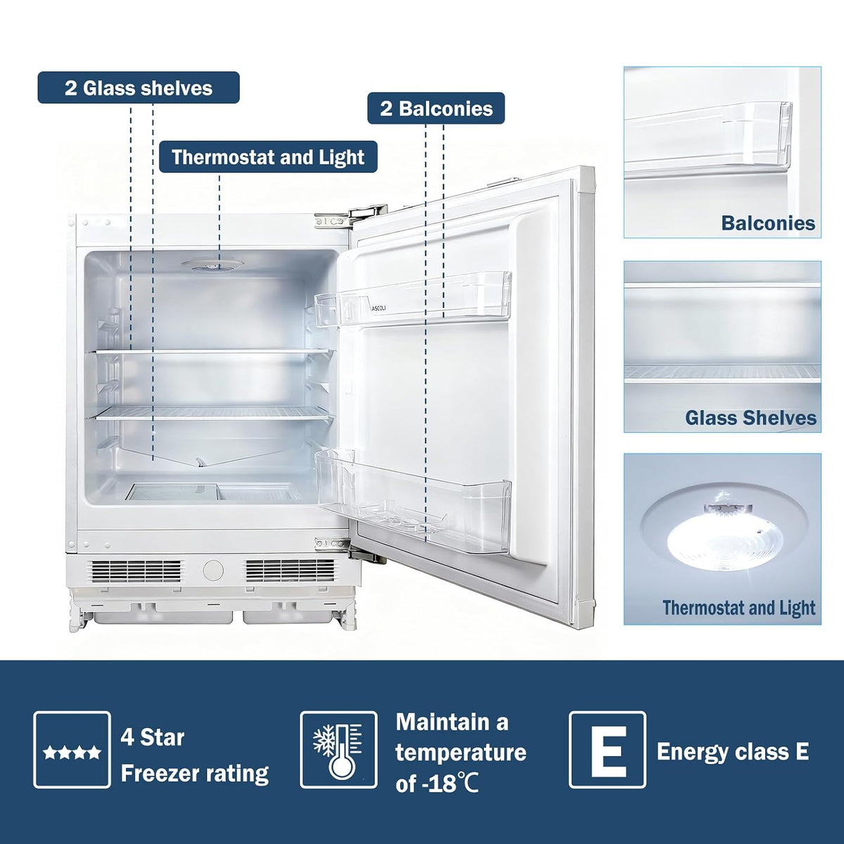 Einbau-Unterbaukühlschrank 110L LED-Licht Wechselbarer Türanschlag Weiß