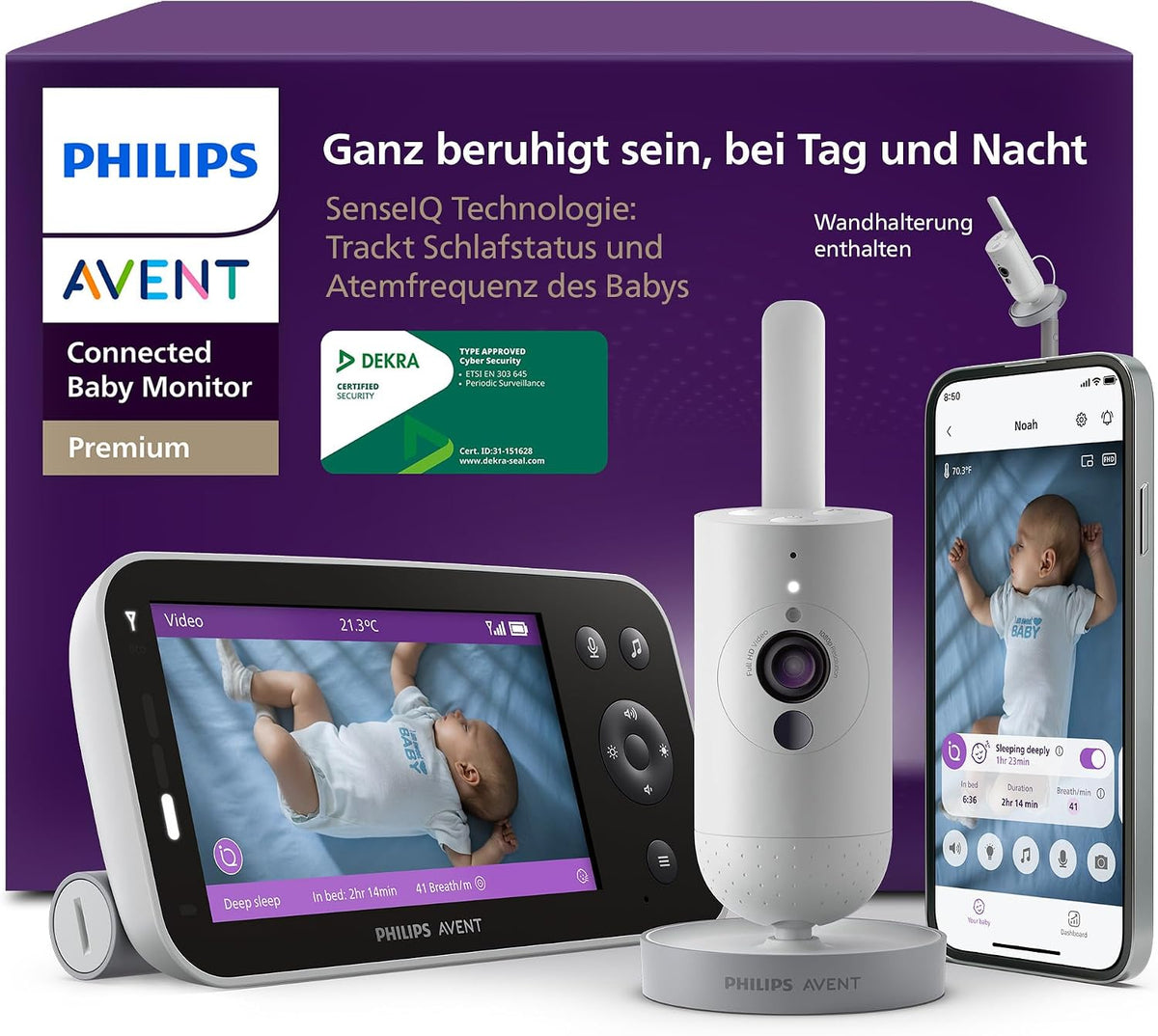 PHILIPS Avent Premium Connected Babyphone mit App - 1080 px HD-Kamera, Schlaf- & Atemtracking mit KI, Schrei-Interpretation, Dekra-Zertifiziert für höchste Cybersicherheit, Wandhalterung, SCD974/26