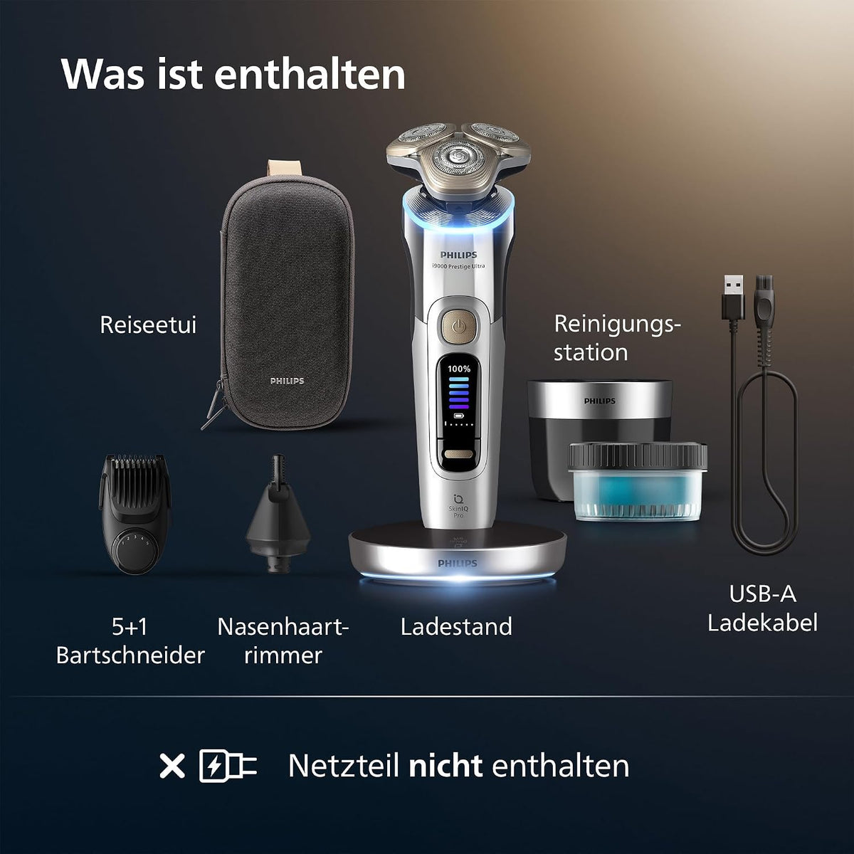 Philips Rasierer i9000 Prestige Ultra für Herren, Nass- und Trockenrasur, chrom, Druck- und Bewegungssensor, 5+1 Bartstyler, Nasenhaartrimmer, Reinigungsstation, Ladestation und Reiseetui (XP9404/38)