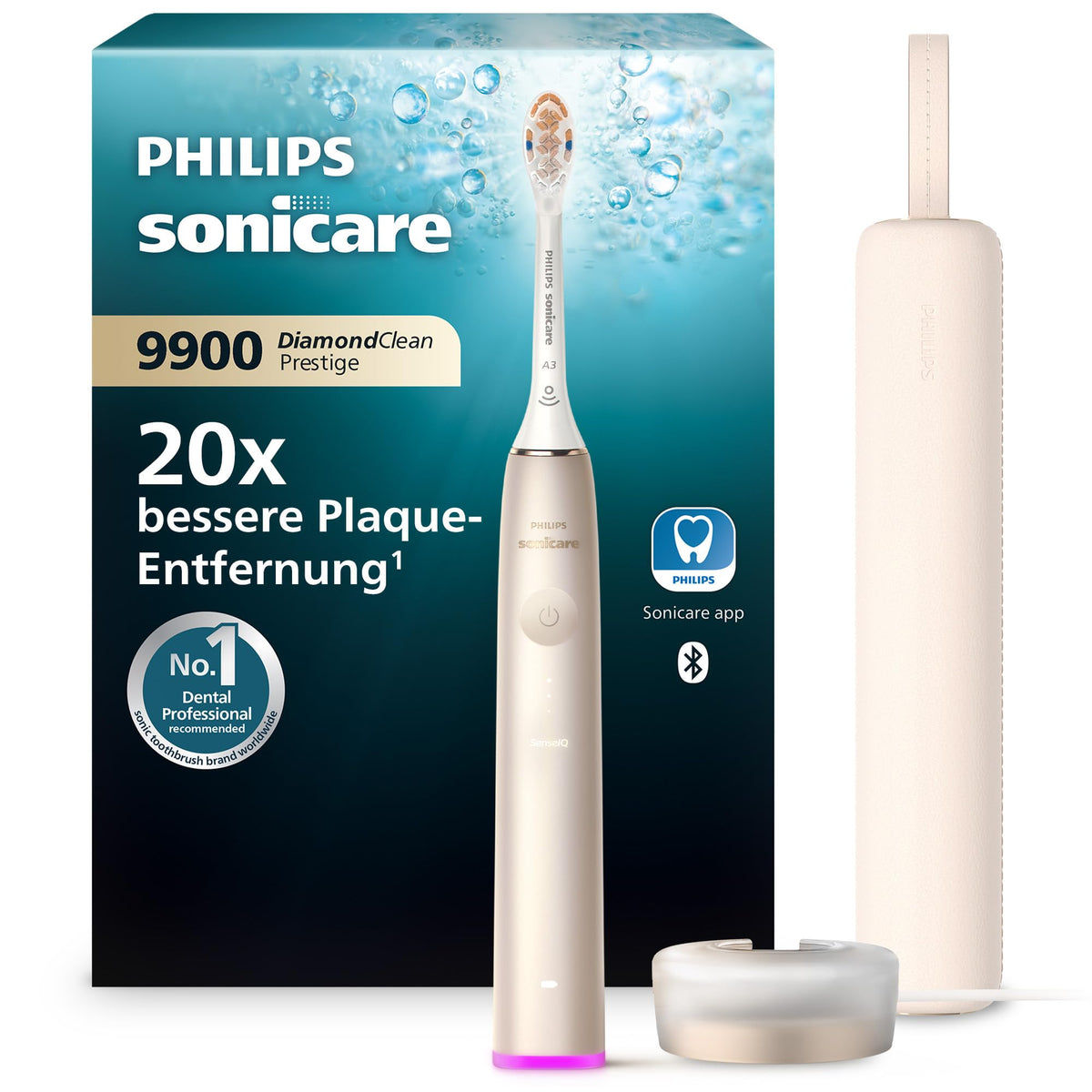 Philips Sonicare Next-Generation DiamondClean 9900 Prestige elektrische Zahnbürste - intelligentes Feedback zur Putzabdeckung, intelligente Andruckkontrolle, 24 Einstellungen, Quarzschwarz, HX9813/92
