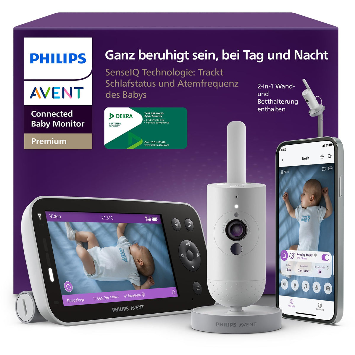 PHILIPS Avent Premium Connected Babyphone mit App - 1080 px HD-Kamera, Schlaf- & Atemtracking mit KI, Schrei-Interpretation, Dekra-Zertifiziert für höchste Cybersicherheit, Wandhalterung, SCD974/26