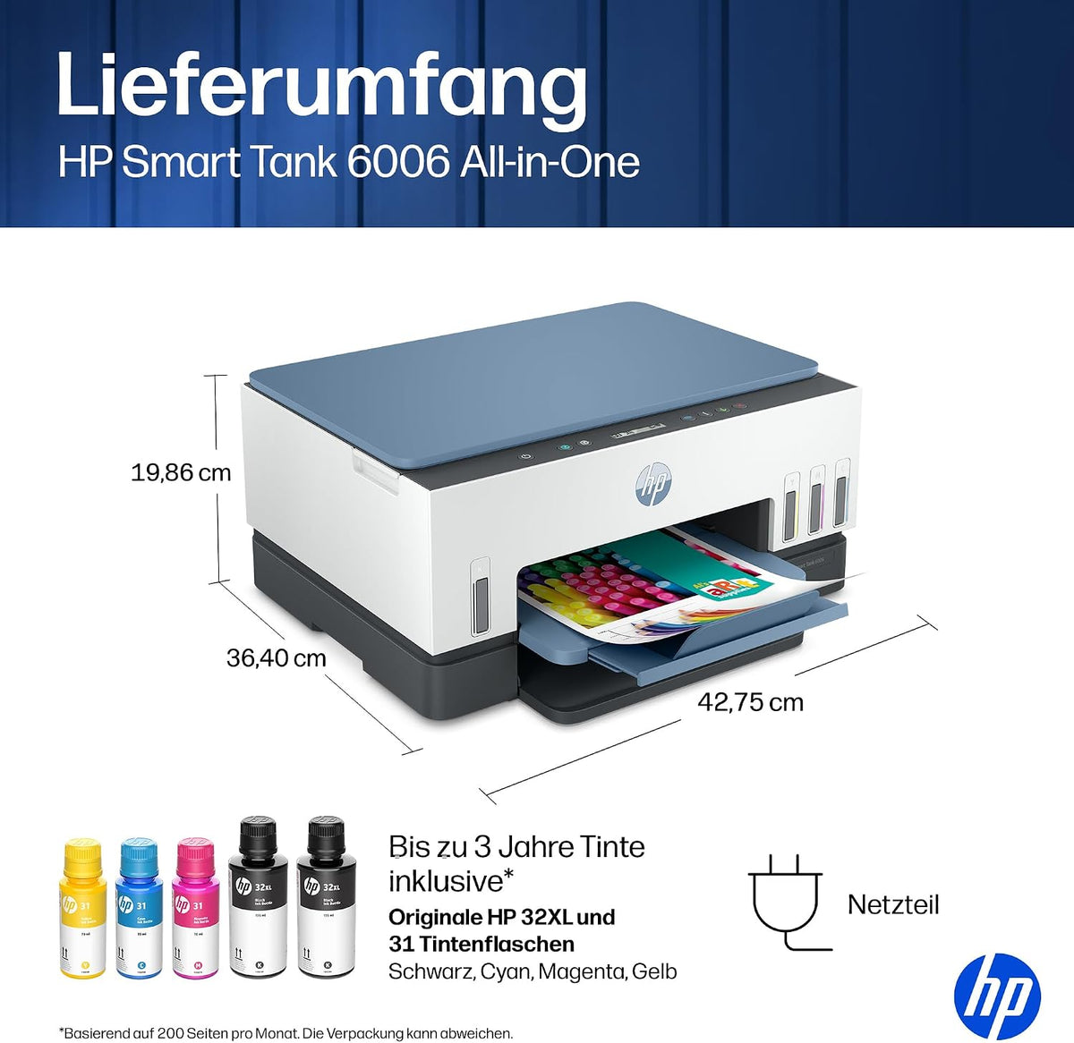 HP Smart Tank 6006 3-in-1 Multifunktionsdrucker (WLAN; Mobiles Drucken) – 3 Jahre Tinte inklusive, 3 Jahre Garantie, großer Tintentank, hohe Reichweite, Drucken in hoher Qualität