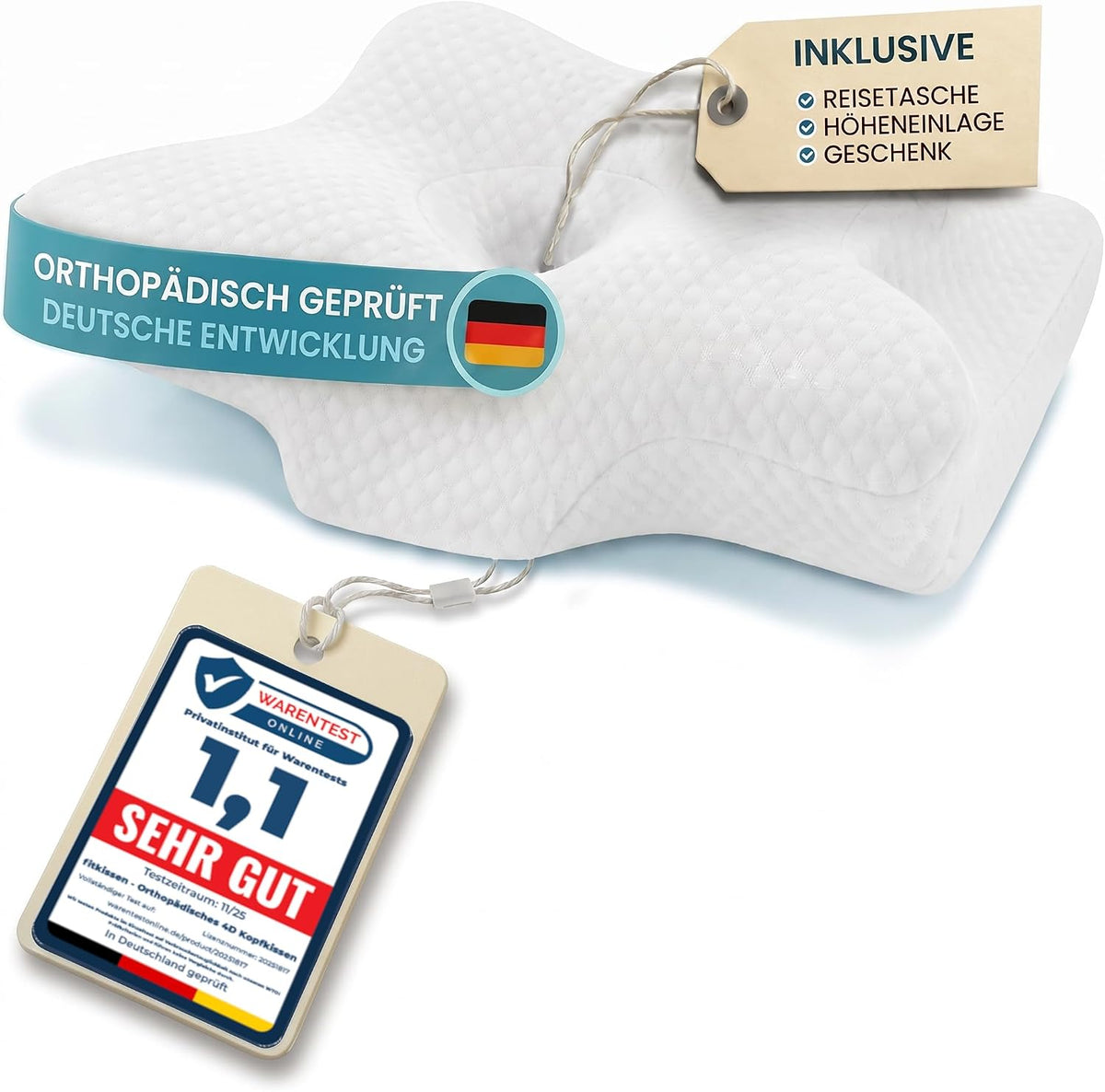 Orthopädisches 4D Kopfkissen - Nackenkissen gegen Nackenschmerzen | Anti Schnarch Memory Foam Nackenstützkissen Rücken-, Bauch- & Seitenschläferkissen Deutsche Entwicklung, Höhenverstellbar