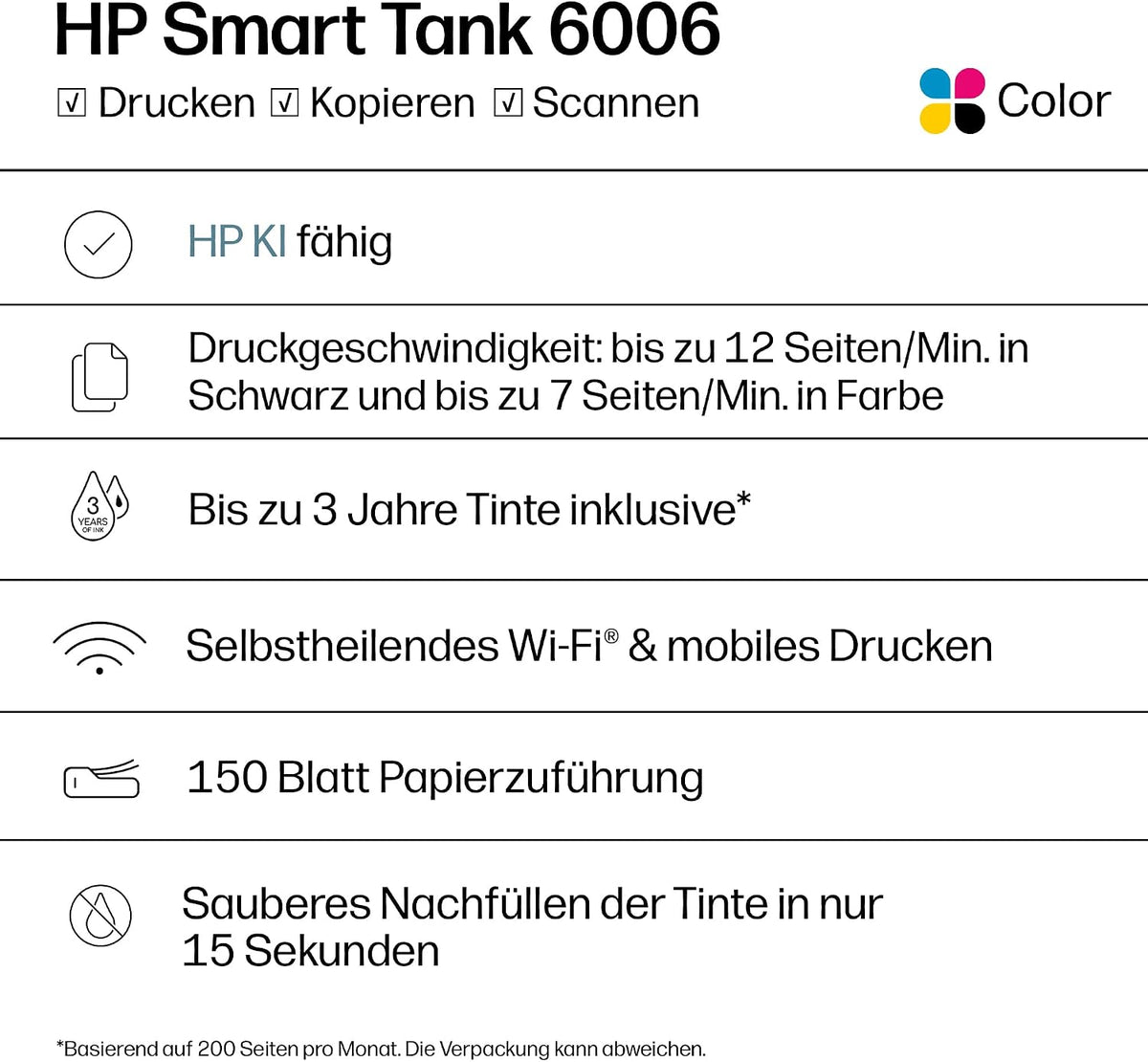 HP Smart Tank 6006 3-in-1 Multifunktionsdrucker (WLAN; Mobiles Drucken) – 3 Jahre Tinte inklusive, 3 Jahre Garantie, großer Tintentank, hohe Reichweite, Drucken in hoher Qualität