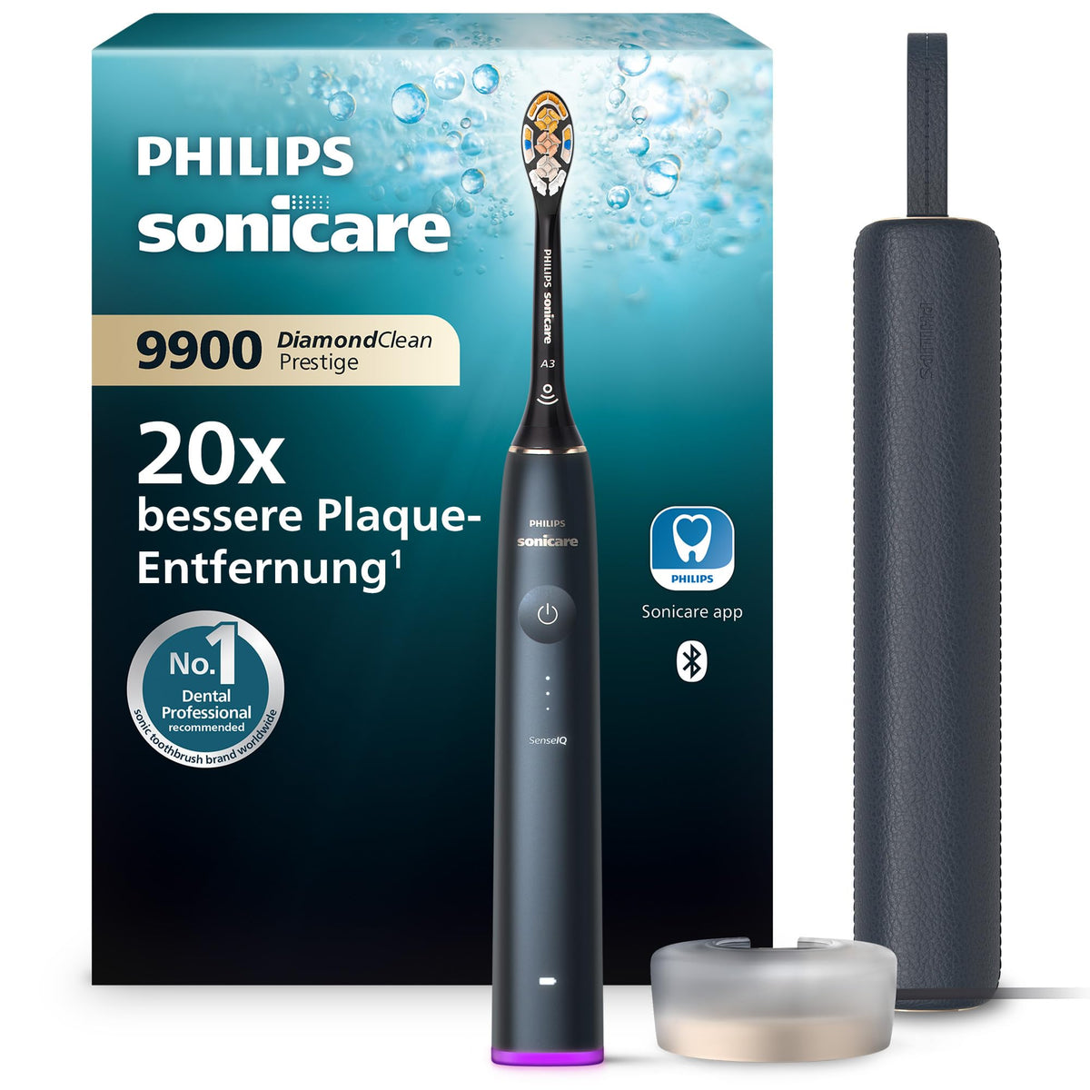 Philips Sonicare Next-Generation DiamondClean 9900 Prestige elektrische Zahnbürste - intelligentes Feedback zur Putzabdeckung, intelligente Andruckkontrolle, 24 Einstellungen, Quarzschwarz, HX9813/92