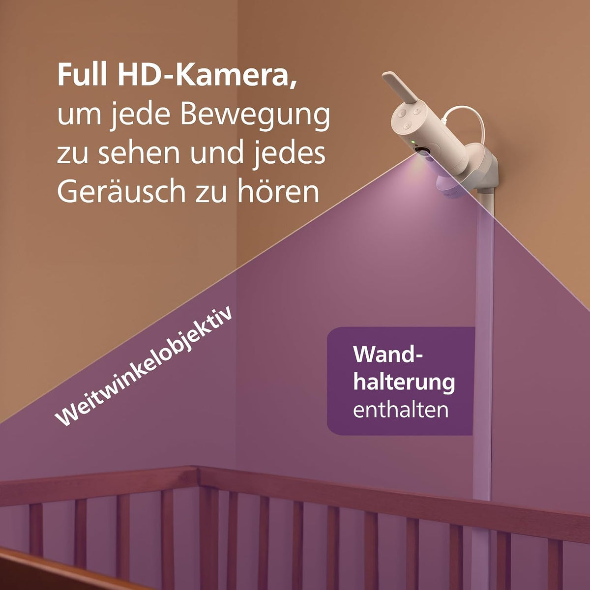 PHILIPS Avent Premium Connected Babyphone mit App - 1080 px HD-Kamera, Schlaf- & Atemtracking mit KI, Schrei-Interpretation, Dekra-Zertifiziert für höchste Cybersicherheit, Wandhalterung, SCD974/26