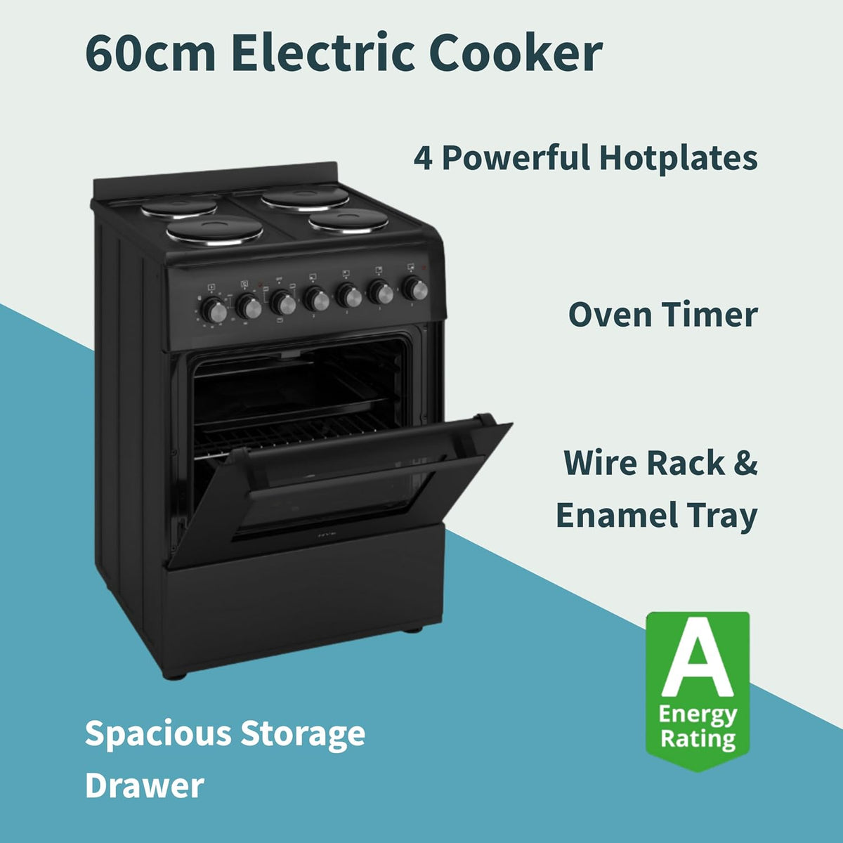 Elektroherd 62L Backofen 4 Kochplatten Freistehend 60cm Mattschwarz