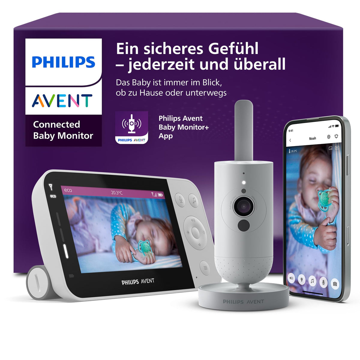 PHILIPS Avent Premium Connected Babyphone mit App - 1080 px HD-Kamera, Schlaf- & Atemtracking mit KI, Schrei-Interpretation, Dekra-Zertifiziert für höchste Cybersicherheit, Wandhalterung, SCD974/26