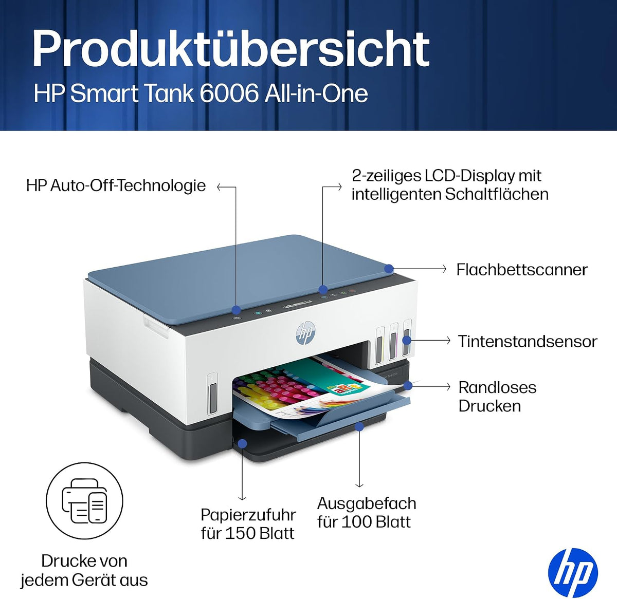 HP Smart Tank 6006 3-in-1 Multifunktionsdrucker (WLAN; Mobiles Drucken) – 3 Jahre Tinte inklusive, 3 Jahre Garantie, großer Tintentank, hohe Reichweite, Drucken in hoher Qualität