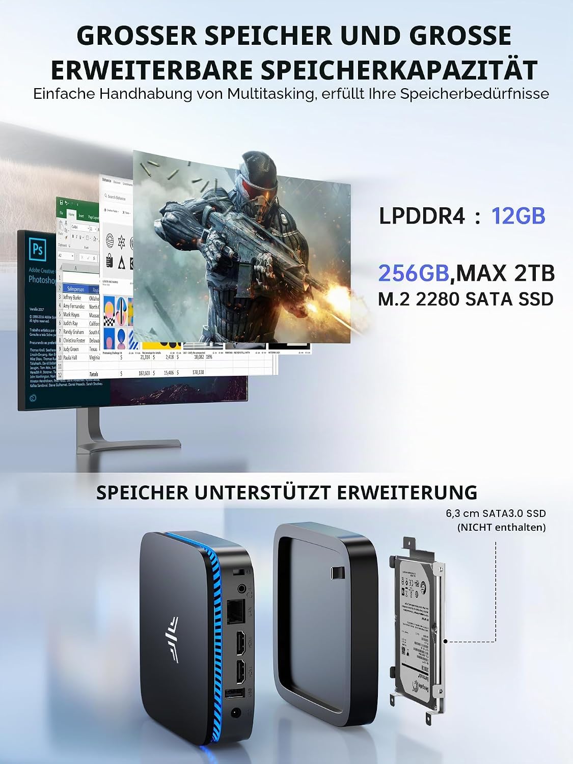 ACEMAGICIAN Mini PC Intel N5030 (bis zu 3,1 GHz) 12GB RAM 256GB SSD