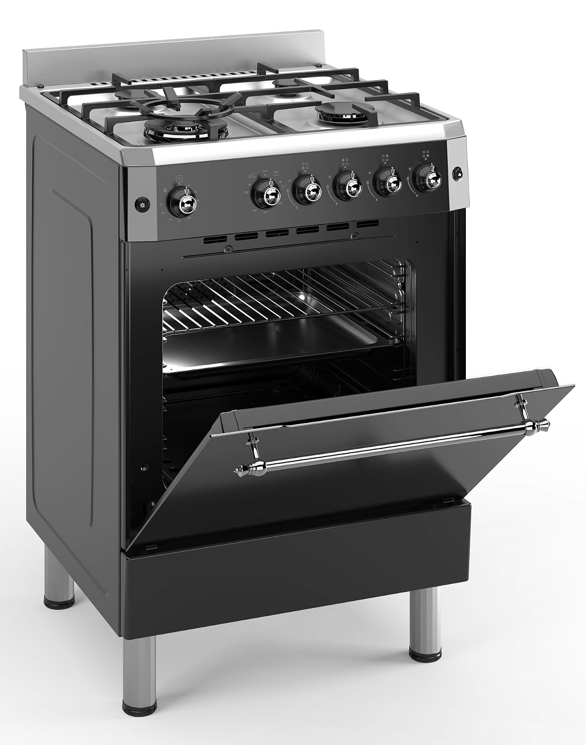 Freistehender Gasherd 59L 4 Brenner Wokbrenner Turbo-Umluft Edelstahl