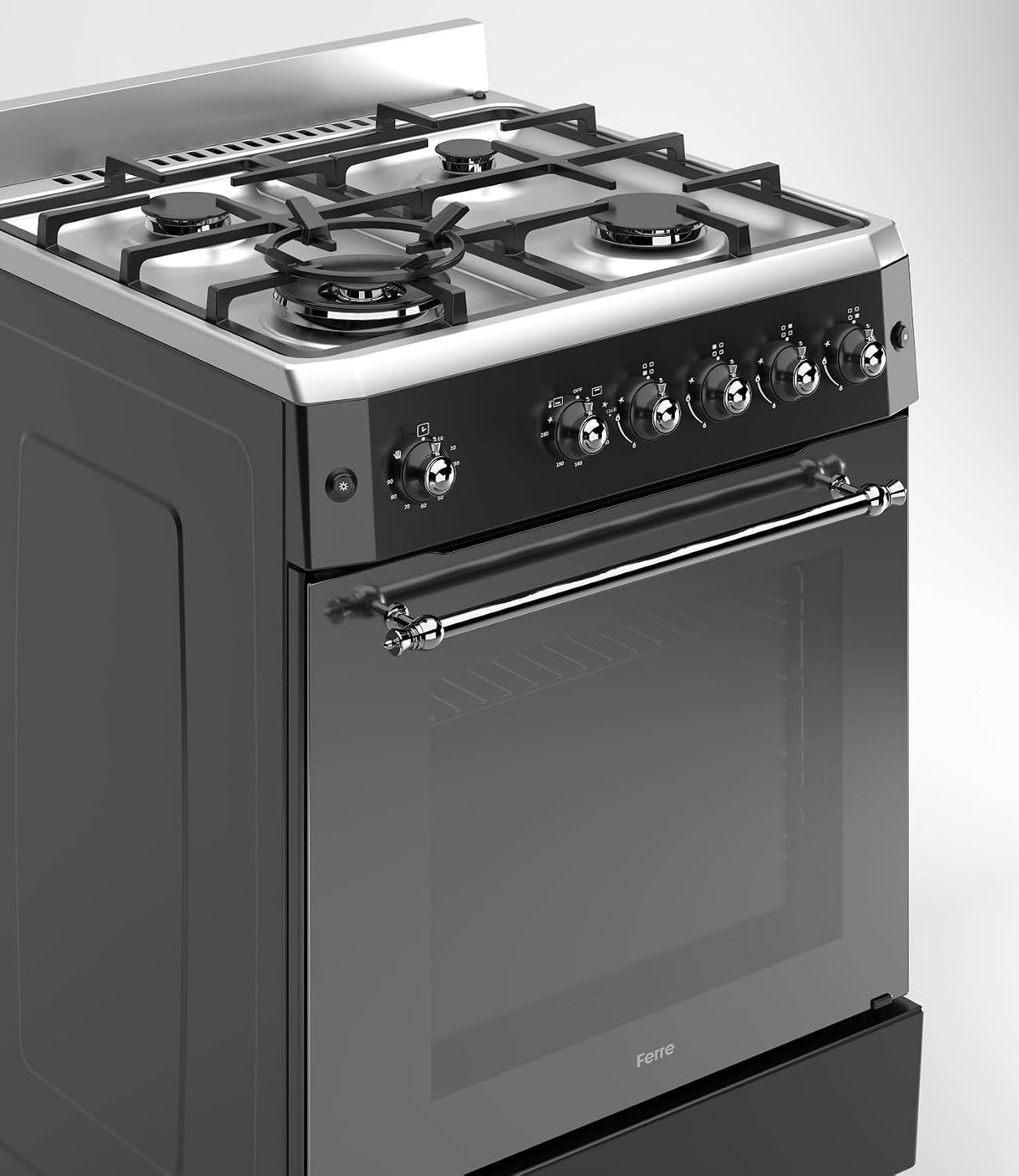 Freistehender Gasherd 59L 4 Brenner Wokbrenner Turbo-Umluft Edelstahl