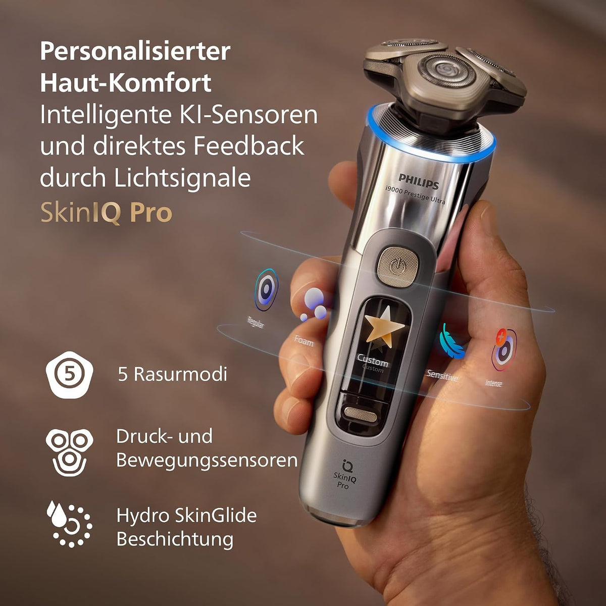 Philips Rasierer i9000 Prestige Ultra für Herren, Nass- und Trockenrasur, chrom, Druck- und Bewegungssensor, 5+1 Bartstyler, Nasenhaartrimmer, Reinigungsstation, Ladestation und Reiseetui (XP9404/38)