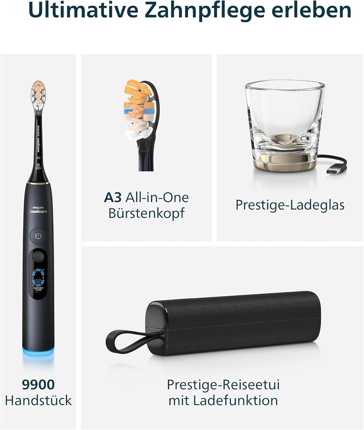 Philips Sonicare Next-Generation DiamondClean 9900 Prestige elektrische Zahnbürste - intelligentes Feedback zur Putzabdeckung, intelligente Andruckkontrolle, 24 Einstellungen, Quarzschwarz, HX9813/92