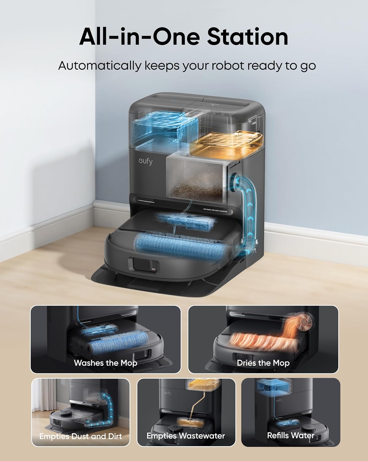 Saug- Und Wischroboter 15000Pa Saugkraft Selbstreinigende Wischwalze Schwarz