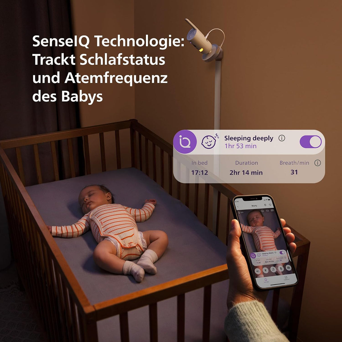 PHILIPS Avent Premium Connected Babyphone mit App - 1080 px HD-Kamera, Schlaf- & Atemtracking mit KI, Schrei-Interpretation, Dekra-Zertifiziert für höchste Cybersicherheit, Wandhalterung, SCD974/26