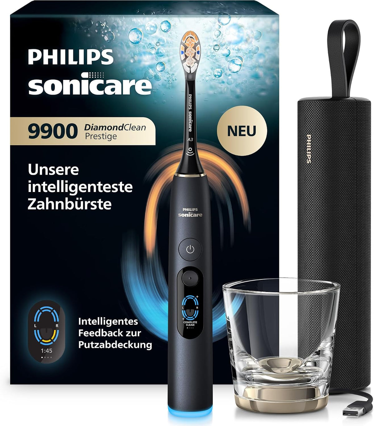 Philips Sonicare Next-Generation DiamondClean 9900 Prestige elektrische Zahnbürste - intelligentes Feedback zur Putzabdeckung, intelligente Andruckkontrolle, 24 Einstellungen, Quarzschwarz, HX9813/92