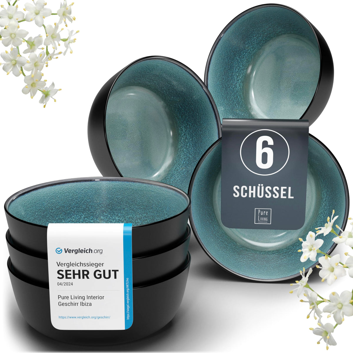 Steingut Geschirrset 12 Personen Ibiza 48 tlg. TESTSIEGER, Traumhaftes Mediterranes Steingut Geschirr Set, Schüssel- und Teller Set, Tafelservice 12 Personen, Geschirrsets Pure Living in Salbeigrün