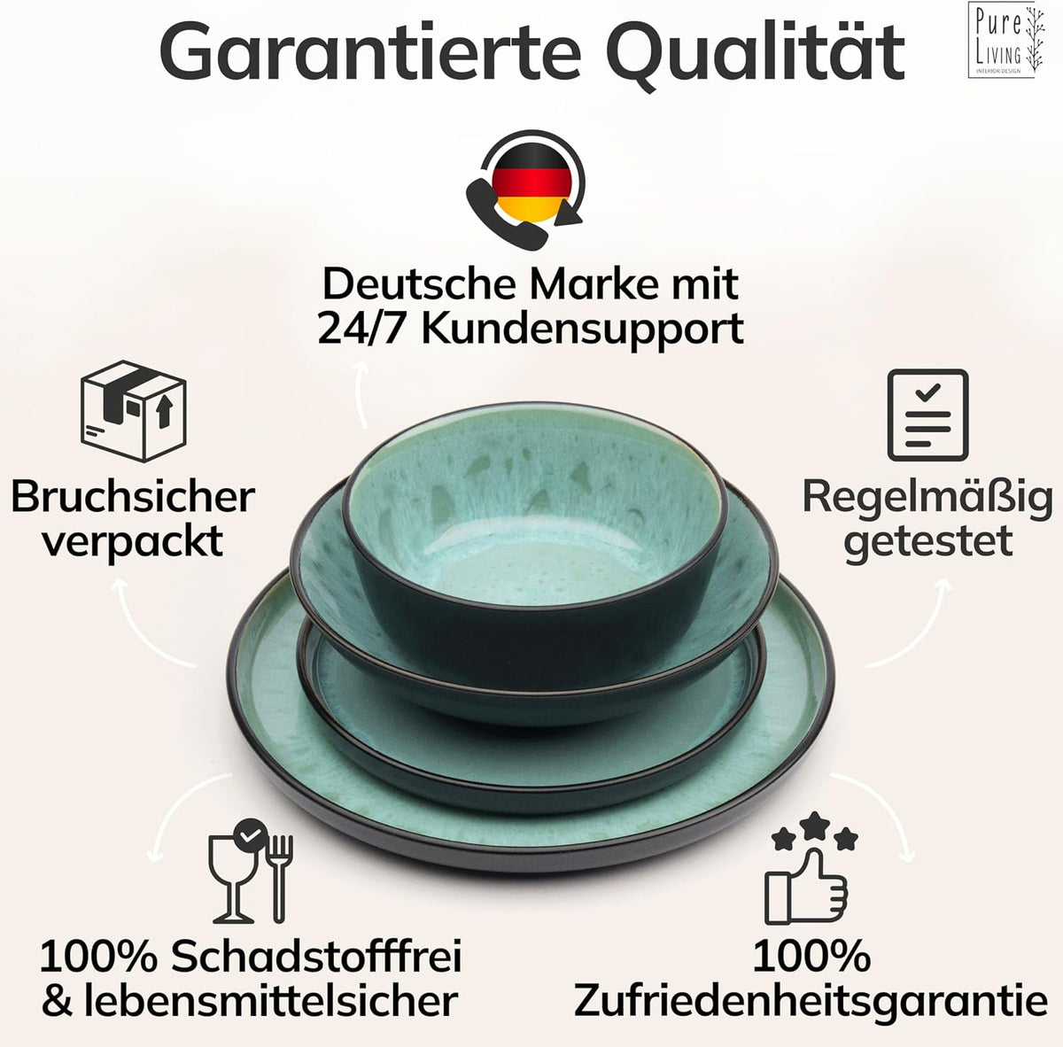 Steingut Geschirrset 12 Personen Ibiza 48 tlg. TESTSIEGER, Traumhaftes Mediterranes Steingut Geschirr Set, Schüssel- und Teller Set, Tafelservice 12 Personen, Geschirrsets Pure Living in Salbeigrün