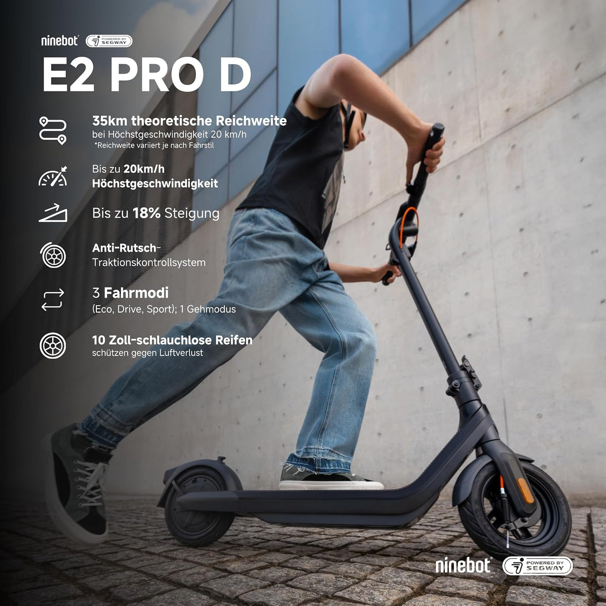 Segway-Ninebot E2 Pro D Adult Road Legal E-Scooter Max 20km/h Speed 35km Range Anti Slip Traction Control System