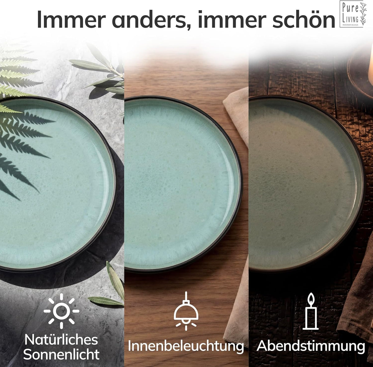 Steingut Geschirrset 12 Personen Ibiza 48 tlg. TESTSIEGER, Traumhaftes Mediterranes Steingut Geschirr Set, Schüssel- und Teller Set, Tafelservice 12 Personen, Geschirrsets Pure Living in Salbeigrün