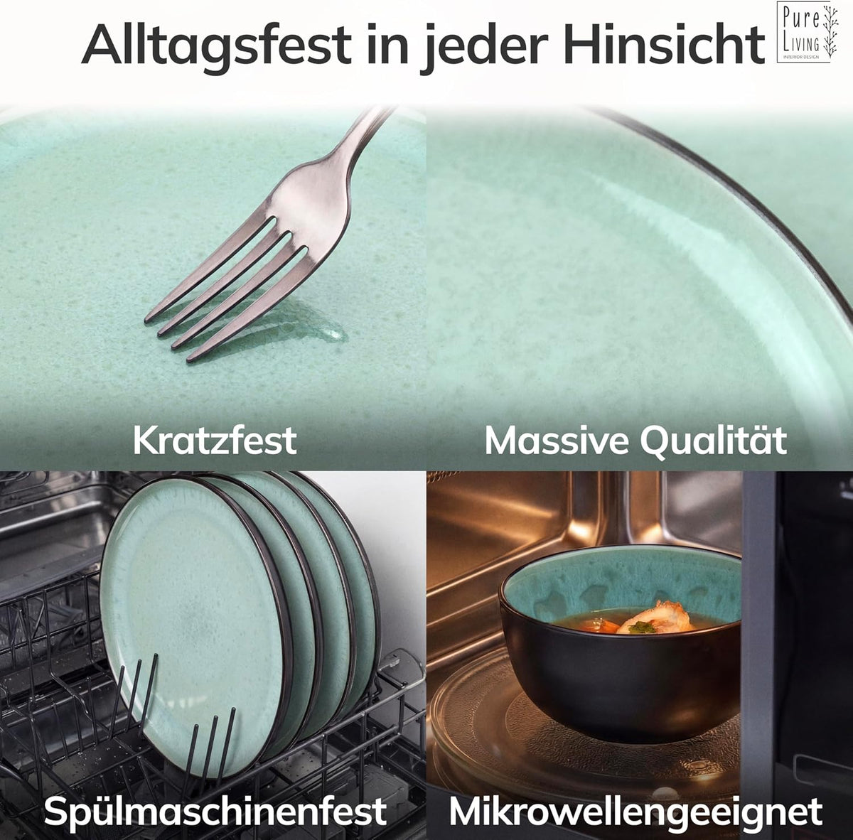Steingut Geschirrset 12 Personen Ibiza 48 tlg. TESTSIEGER, Traumhaftes Mediterranes Steingut Geschirr Set, Schüssel- und Teller Set, Tafelservice 12 Personen, Geschirrsets Pure Living in Salbeigrün