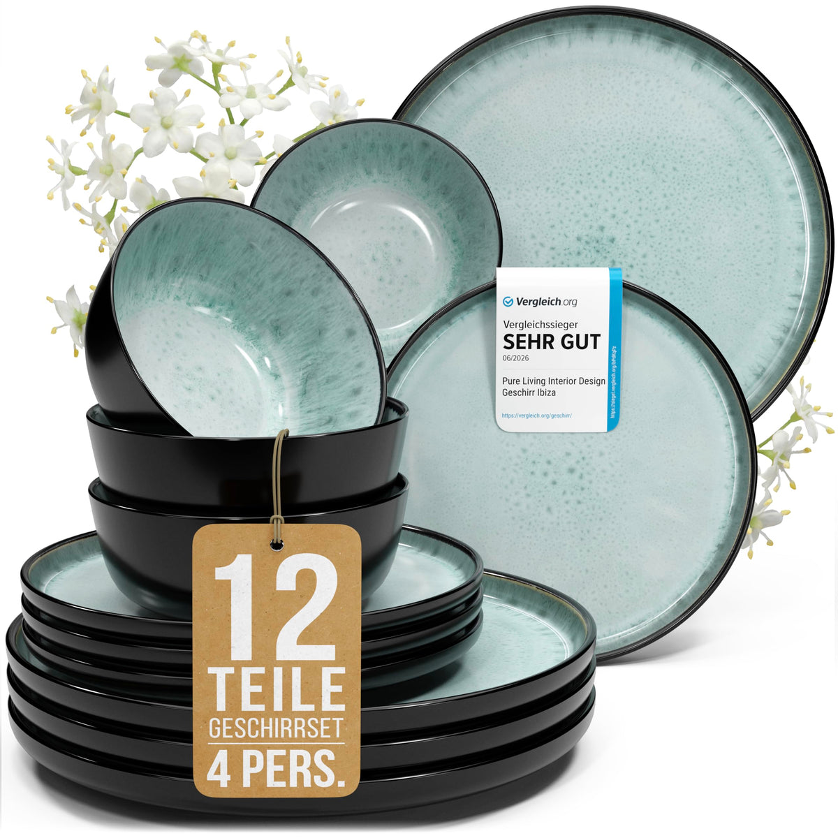 Steingut Geschirrset 12 Personen Ibiza 48 tlg. TESTSIEGER, Traumhaftes Mediterranes Steingut Geschirr Set, Schüssel- und Teller Set, Tafelservice 12 Personen, Geschirrsets Pure Living in Salbeigrün