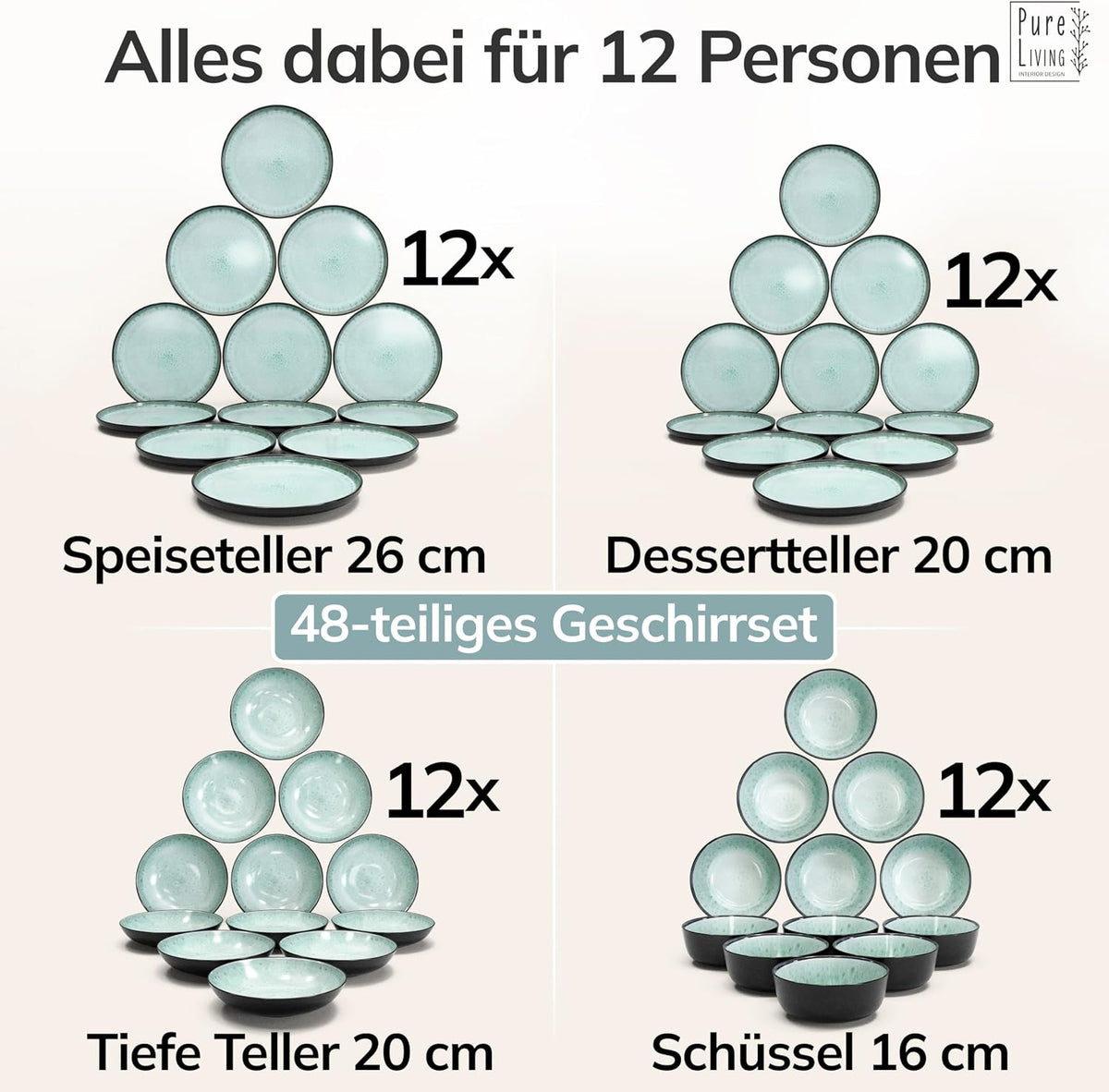 Steingut Geschirrset 12 Personen Ibiza 48 tlg. TESTSIEGER, Traumhaftes Mediterranes Steingut Geschirr Set, Schüssel- und Teller Set, Tafelservice 12 Personen, Geschirrsets Pure Living in Salbeigrün