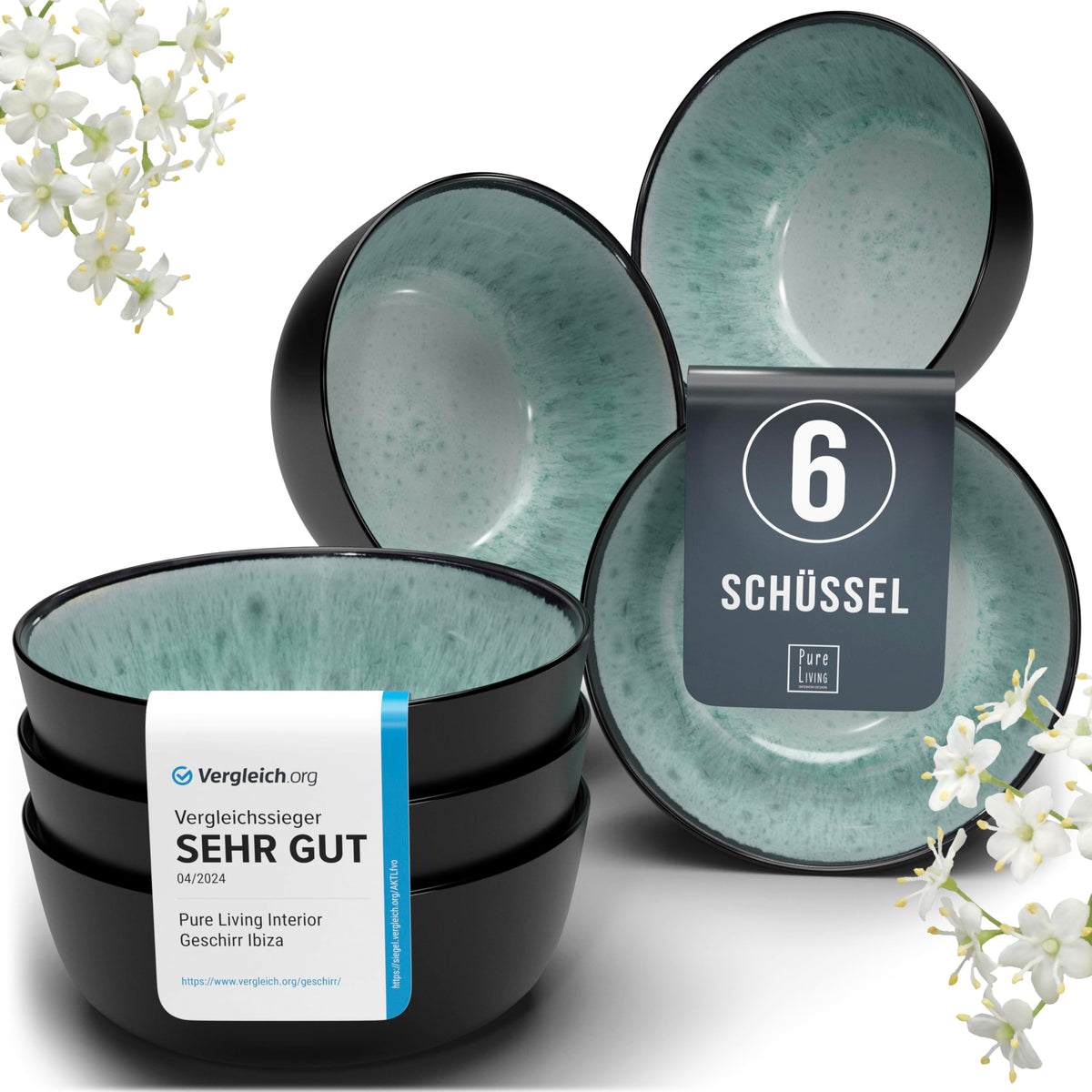 Steingut Geschirrset 12 Personen Ibiza 48 tlg. TESTSIEGER, Traumhaftes Mediterranes Steingut Geschirr Set, Schüssel- und Teller Set, Tafelservice 12 Personen, Geschirrsets Pure Living in Salbeigrün