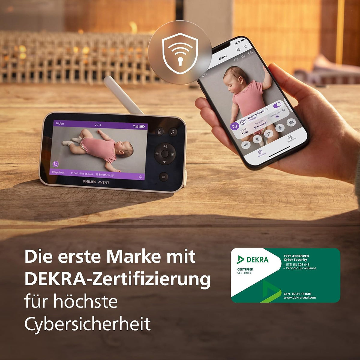 PHILIPS Avent Premium Connected Babyphone mit App - 1080 px HD-Kamera, Schlaf- & Atemtracking mit KI, Schrei-Interpretation, Dekra-Zertifiziert für höchste Cybersicherheit, Wandhalterung, SCD974/26