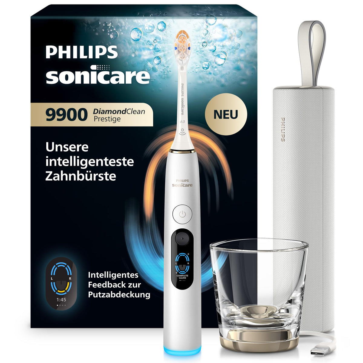 Philips Sonicare Next-Generation DiamondClean 9900 Prestige elektrische Zahnbürste - intelligentes Feedback zur Putzabdeckung, intelligente Andruckkontrolle, 24 Einstellungen, Quarzschwarz, HX9813/92