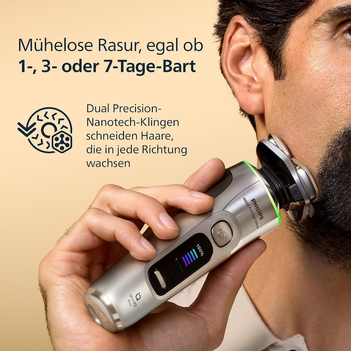 Philips Rasierer i9000 Prestige Ultra für Herren, Nass- und Trockenrasur, chrom, Druck- und Bewegungssensor, 5+1 Bartstyler, Nasenhaartrimmer, Reinigungsstation, Ladestation und Reiseetui (XP9404/38)