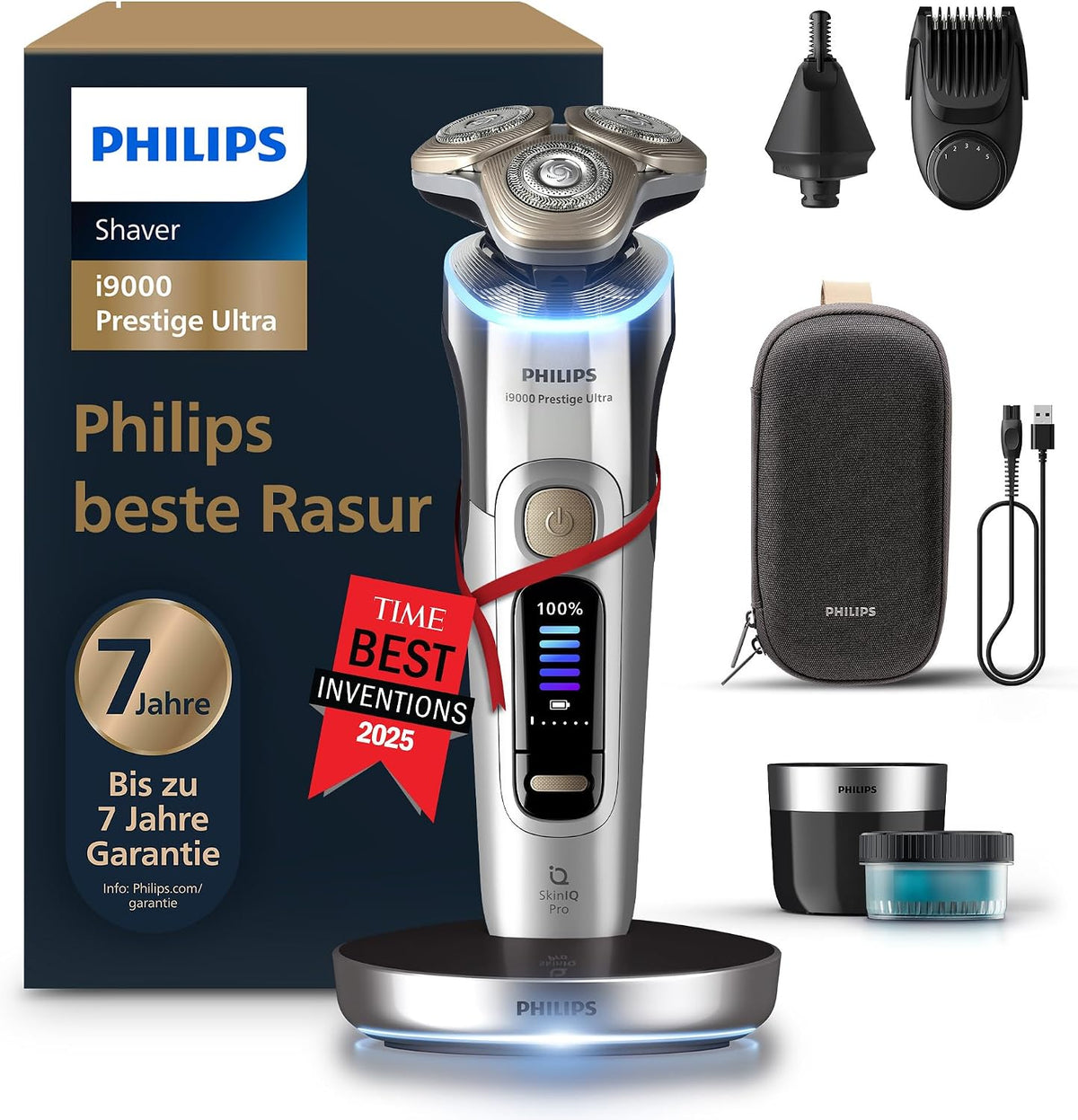 Philips Rasierer i9000 Prestige Ultra für Herren, Nass- und Trockenrasur, chrom, Druck- und Bewegungssensor, 5+1 Bartstyler, Nasenhaartrimmer, Reinigungsstation, Ladestation und Reiseetui (XP9404/38)