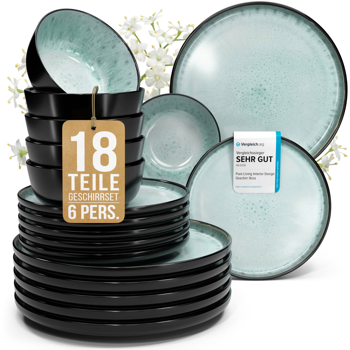 Steingut Geschirrset 12 Personen Ibiza 48 tlg. TESTSIEGER, Traumhaftes Mediterranes Steingut Geschirr Set, Schüssel- und Teller Set, Tafelservice 12 Personen, Geschirrsets Pure Living in Salbeigrün