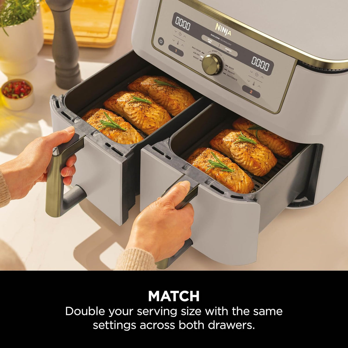 Digitale Zwei-Zonen-Heißluftfritteuse 9,5L 6-in-1 Steingold