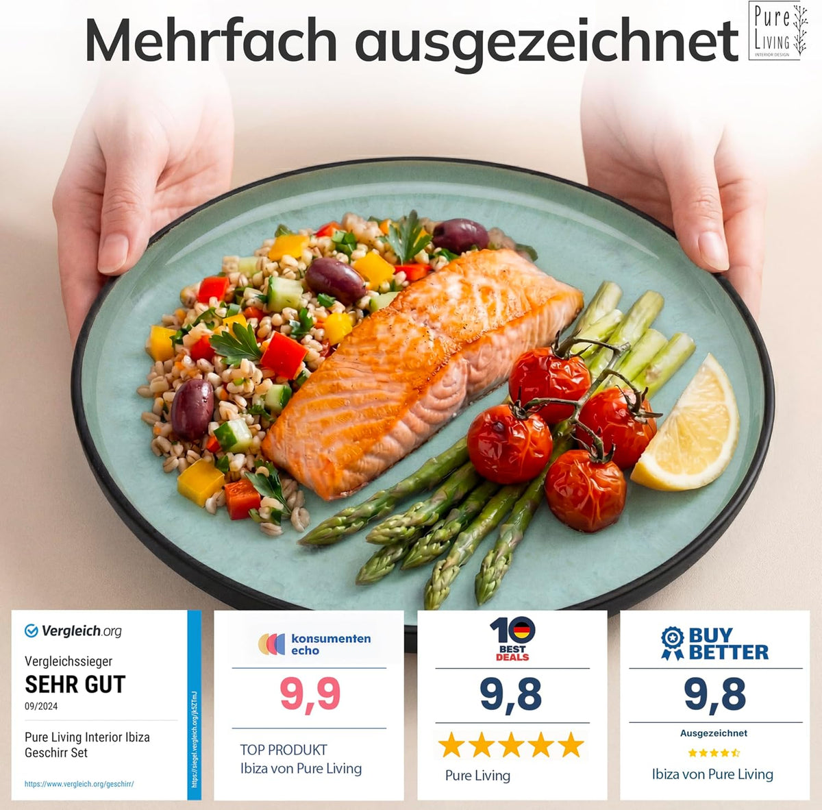Steingut Geschirrset 12 Personen Ibiza 48 tlg. TESTSIEGER, Traumhaftes Mediterranes Steingut Geschirr Set, Schüssel- und Teller Set, Tafelservice 12 Personen, Geschirrsets Pure Living in Salbeigrün