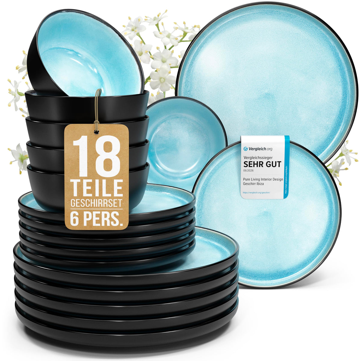 Steingut Geschirrset 12 Personen Ibiza 48 tlg. TESTSIEGER, Traumhaftes Mediterranes Steingut Geschirr Set, Schüssel- und Teller Set, Tafelservice 12 Personen, Geschirrsets Pure Living in Salbeigrün