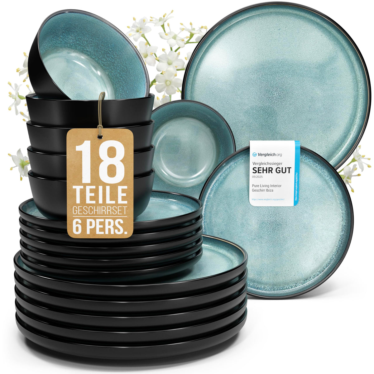 Steingut Geschirrset 12 Personen Ibiza 48 tlg. TESTSIEGER, Traumhaftes Mediterranes Steingut Geschirr Set, Schüssel- und Teller Set, Tafelservice 12 Personen, Geschirrsets Pure Living in Salbeigrün