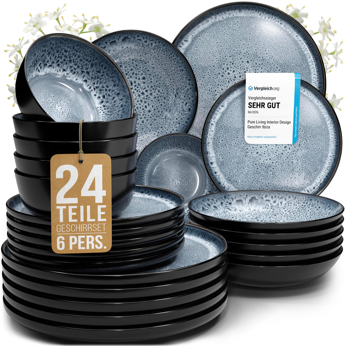 Steingut Geschirrset 12 Personen Ibiza 48 tlg. TESTSIEGER, Traumhaftes Mediterranes Steingut Geschirr Set, Schüssel- und Teller Set, Tafelservice 12 Personen, Geschirrsets Pure Living in Salbeigrün