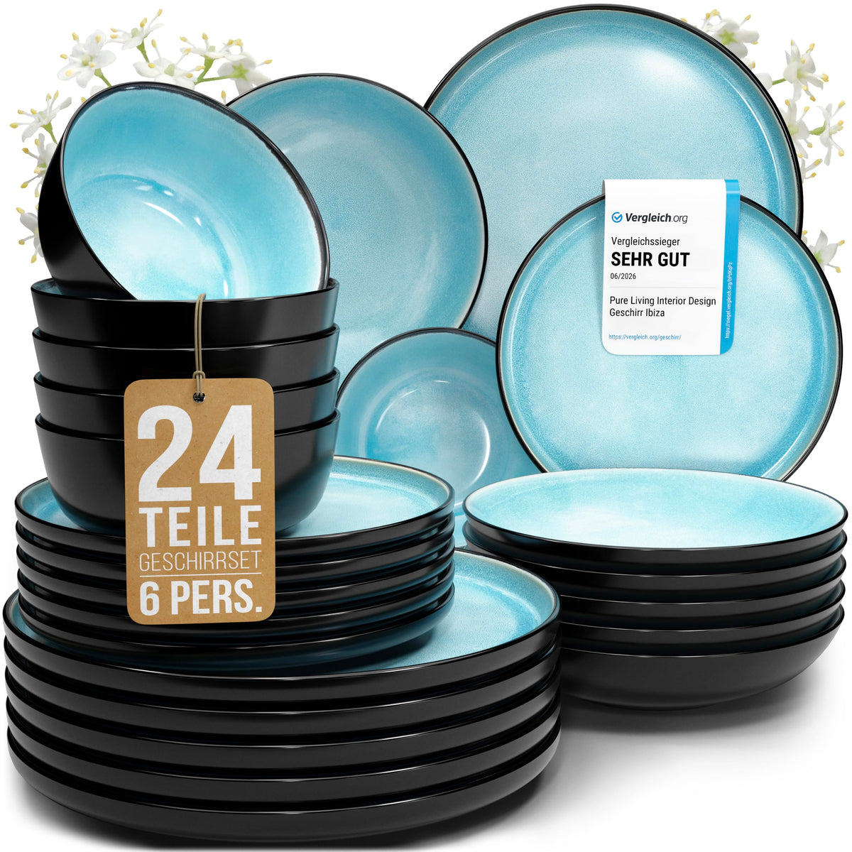 Steingut Geschirrset 12 Personen Ibiza 48 tlg. TESTSIEGER, Traumhaftes Mediterranes Steingut Geschirr Set, Schüssel- und Teller Set, Tafelservice 12 Personen, Geschirrsets Pure Living in Salbeigrün