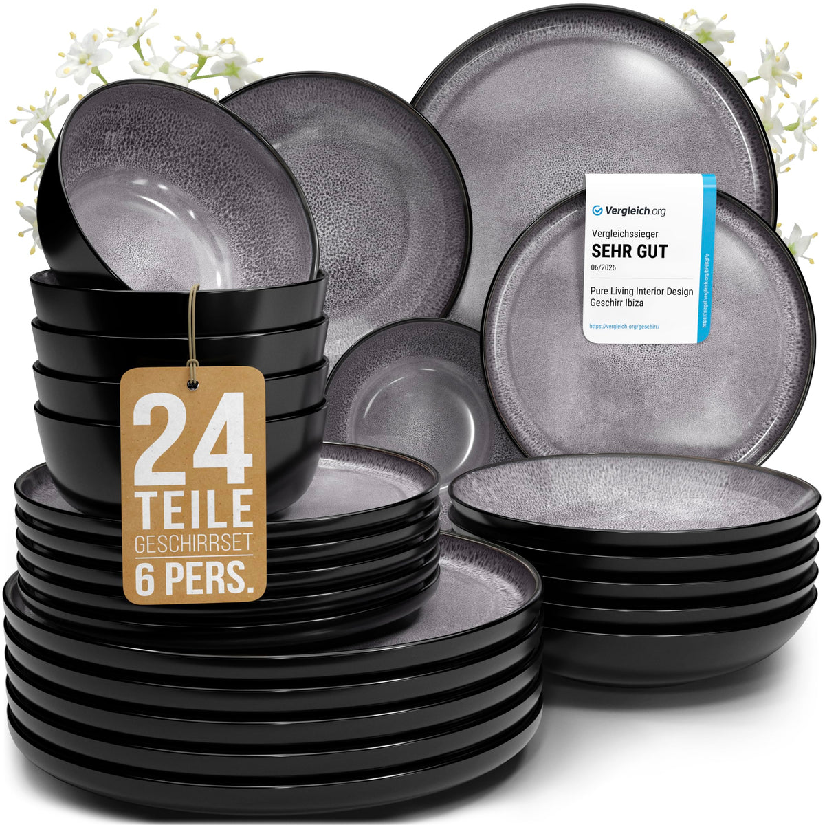 Steingut Geschirrset 12 Personen Ibiza 48 tlg. TESTSIEGER, Traumhaftes Mediterranes Steingut Geschirr Set, Schüssel- und Teller Set, Tafelservice 12 Personen, Geschirrsets Pure Living in Salbeigrün