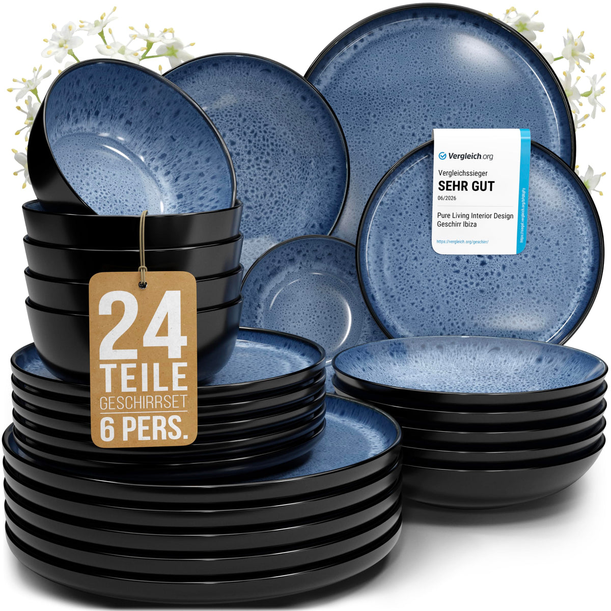 Steingut Geschirrset 12 Personen Ibiza 48 tlg. TESTSIEGER, Traumhaftes Mediterranes Steingut Geschirr Set, Schüssel- und Teller Set, Tafelservice 12 Personen, Geschirrsets Pure Living in Salbeigrün