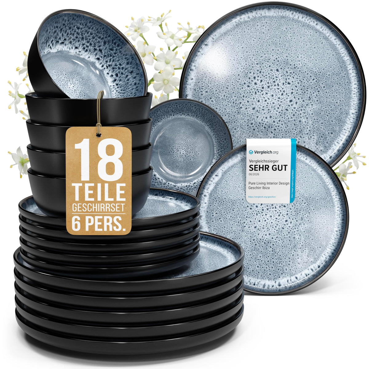 Steingut Geschirrset 12 Personen Ibiza 48 tlg. TESTSIEGER, Traumhaftes Mediterranes Steingut Geschirr Set, Schüssel- und Teller Set, Tafelservice 12 Personen, Geschirrsets Pure Living in Salbeigrün